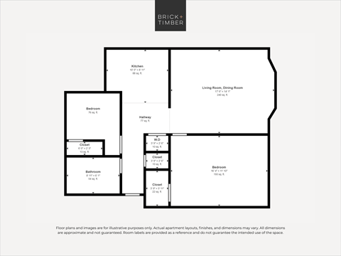 A floor plan for a Brick+Timber property with a kitchen, dining room, living room, bedrooms, and bathrooms.